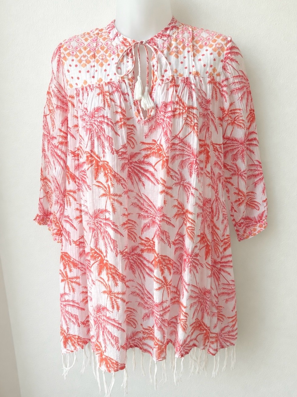 Roberta Roller Rabbit Tunic XS Coral Palm Fringe Tassel Cotton